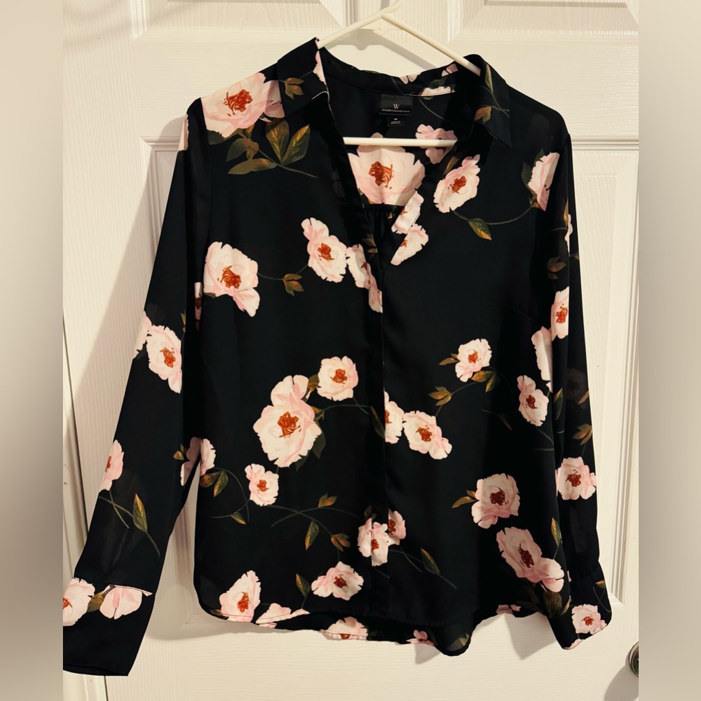 Semi-Sheer Black Blouse w/Pink Blossoms sz M Long Sleeve Worthington
